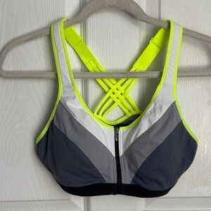 VSX Sport Victorias Secret racer back Front Zip Sports Bra 36B Neon Yellow Gray